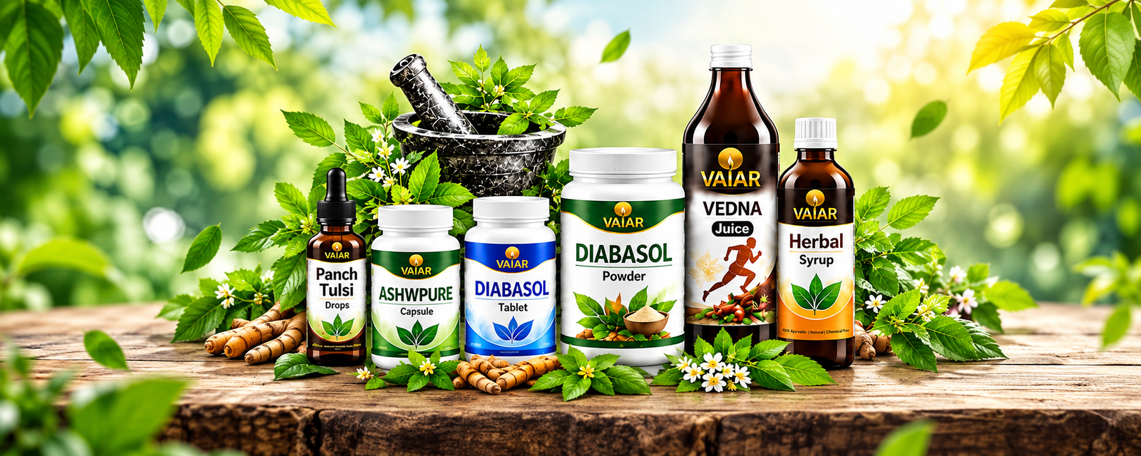 Vaiar Healthcare Ayurvedic product range — Panch Tulsi, Ashwpure, Diabasol, Vedna Juice, Herbal Syrup